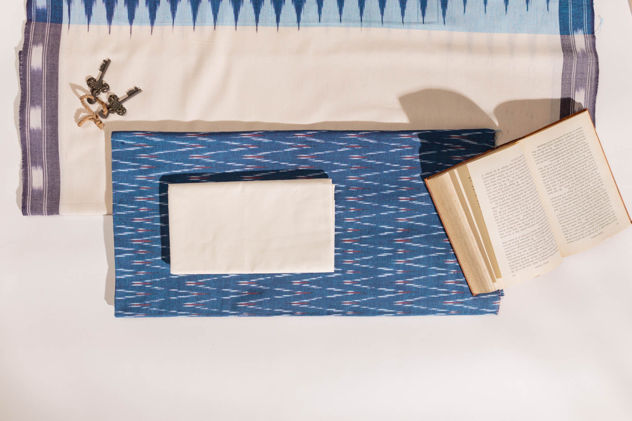 Pure Cotton Ikat Weaved 3 Piece Suit Piece - Teal/Ivory - Vastra Raag