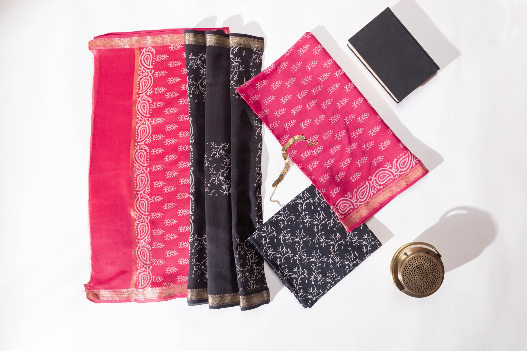 Maheshwari Silk 3 PC Suit Piece - Pink/Black - Vastra Raag