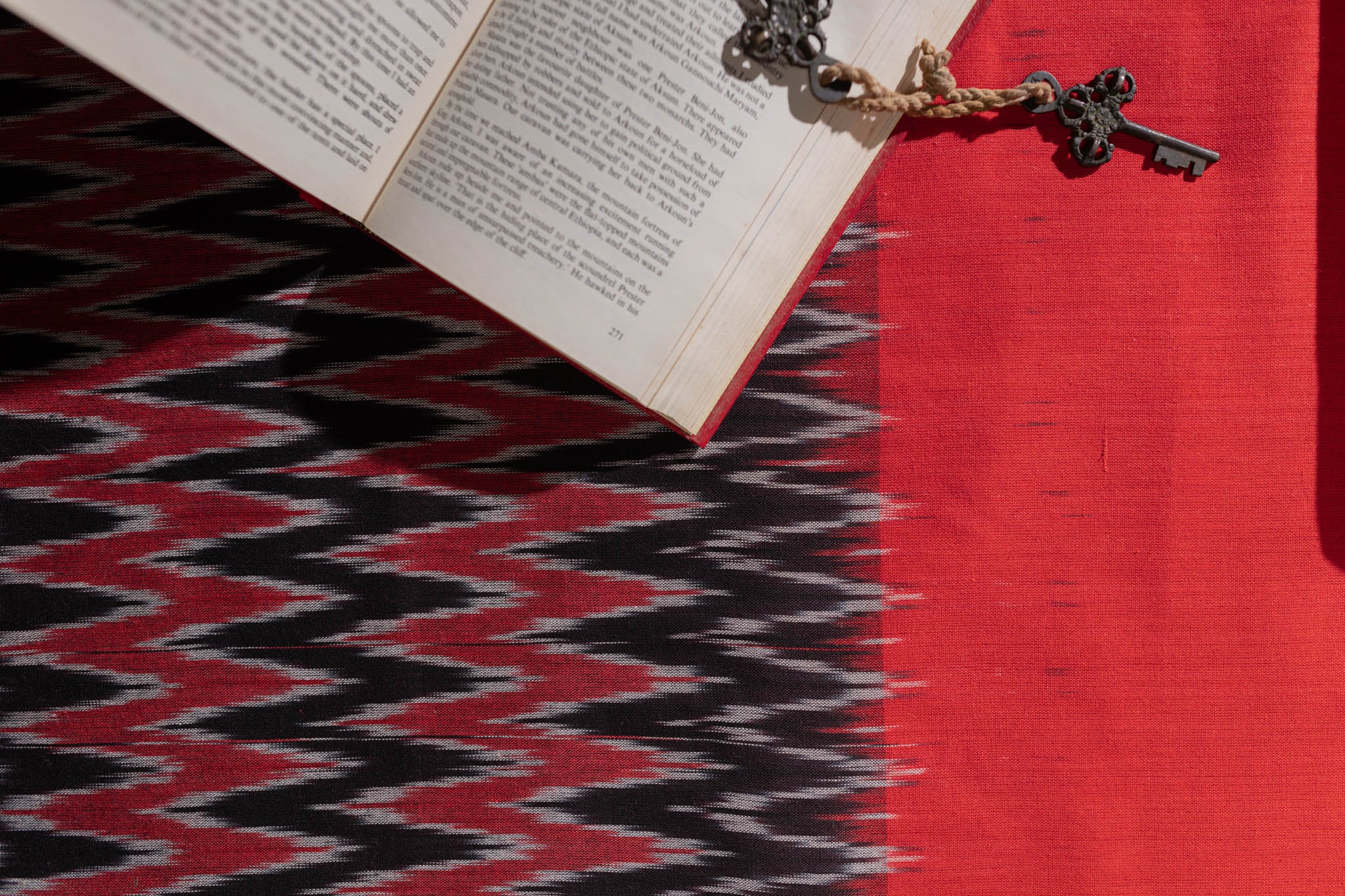 Pure Cotton Ikat Weaved 3 Piece Suit Piece - Black/Red - Vastra Raag