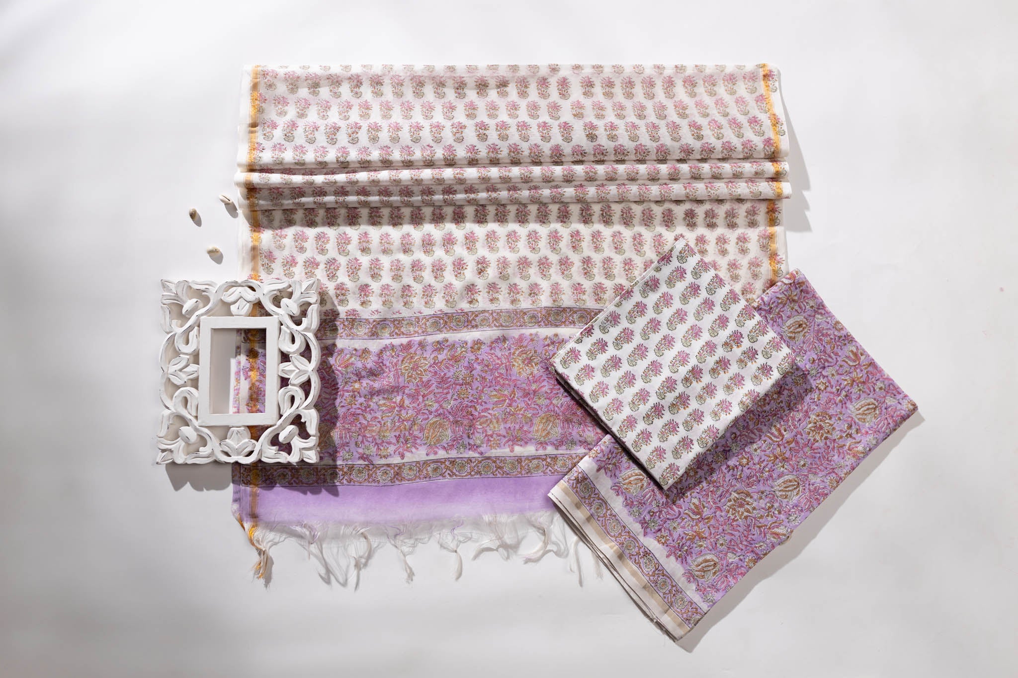 Pure Chanderi Silk Hand Block Printed 3 PC Suit - Opal Pink - Vastra Raag