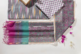 Pure Cotton Ikat Weaved Hand Block Printed 3 PC Suit with Kota Doria Dupatta - Grey - Vastra Raag
