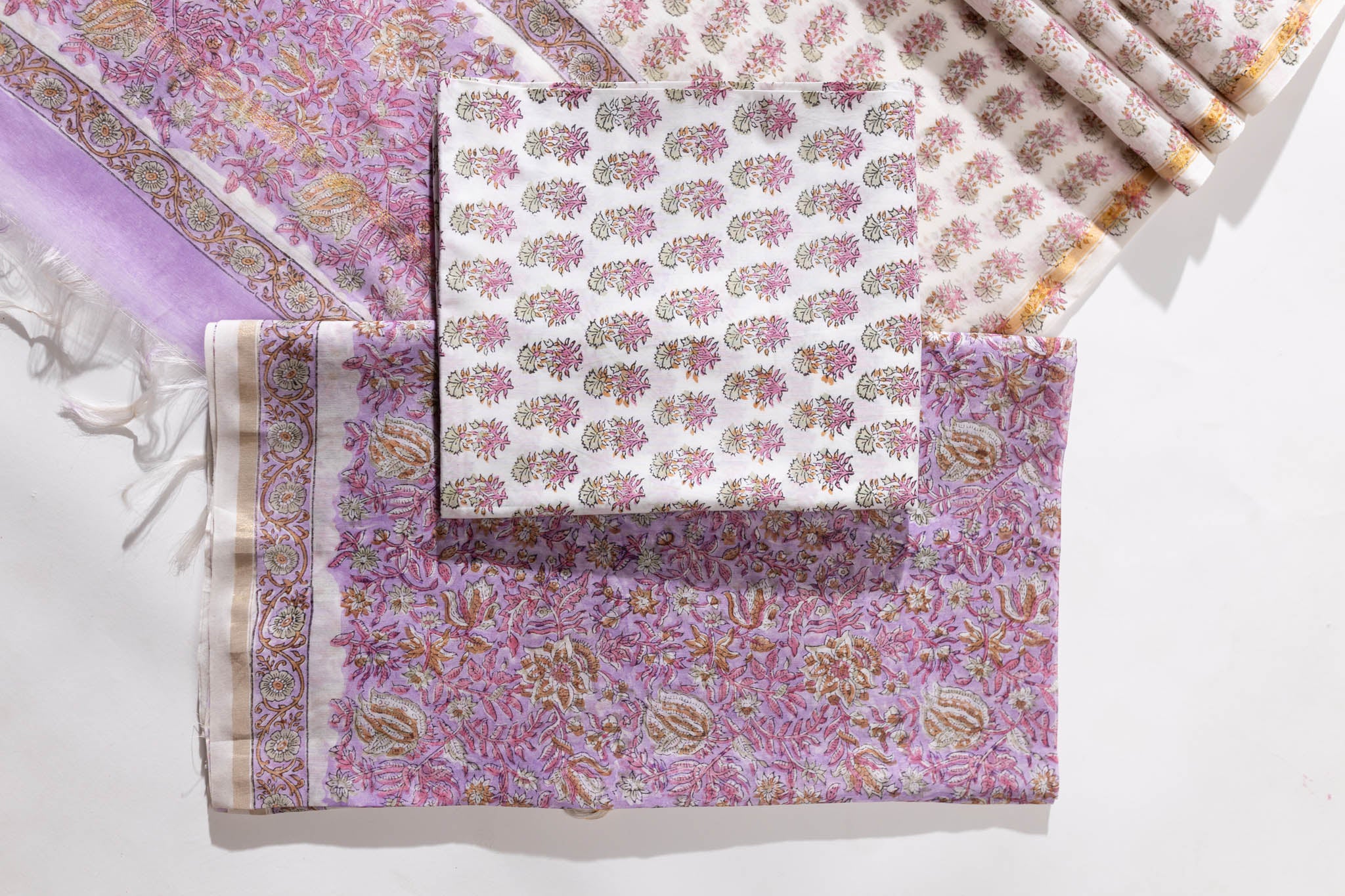 Pure Chanderi Silk Hand Block Printed 3 PC Suit - Opal Pink - Vastra Raag