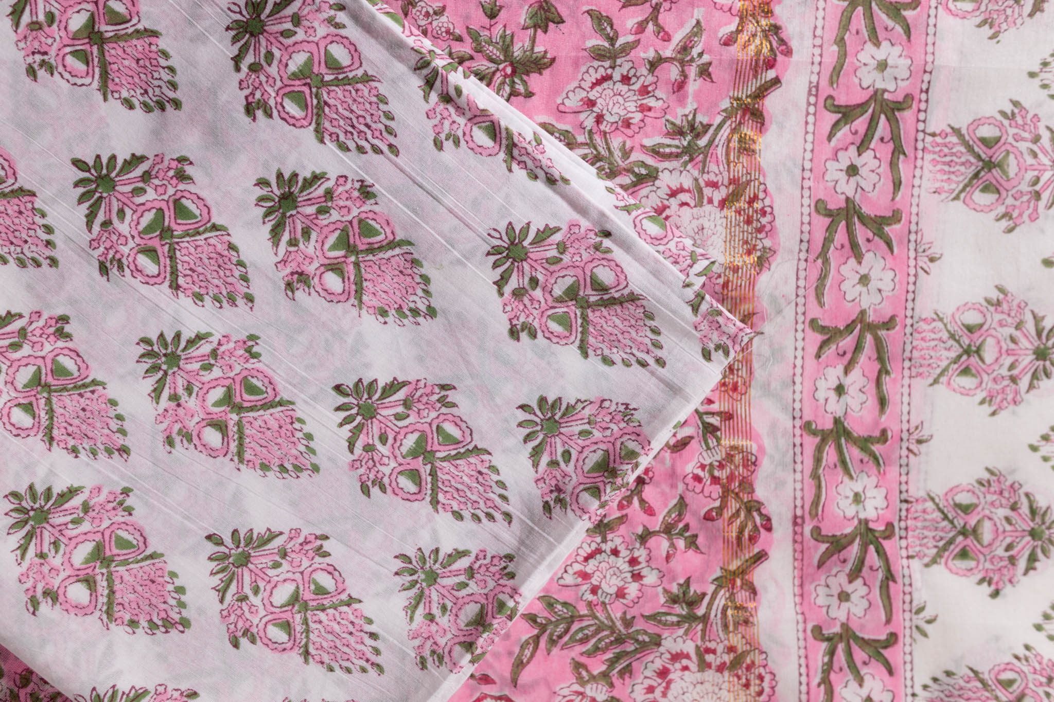 Pure Chanderi Silk Hand Block Printed 3 PC Suit - Pink/Green - Vastra Raag