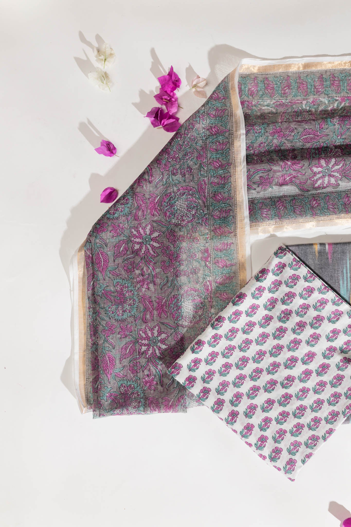 Pure Cotton Ikat Weaved Hand Block Printed 3 PC Suit with Kota Doria Dupatta - Grey - Vastra Raag