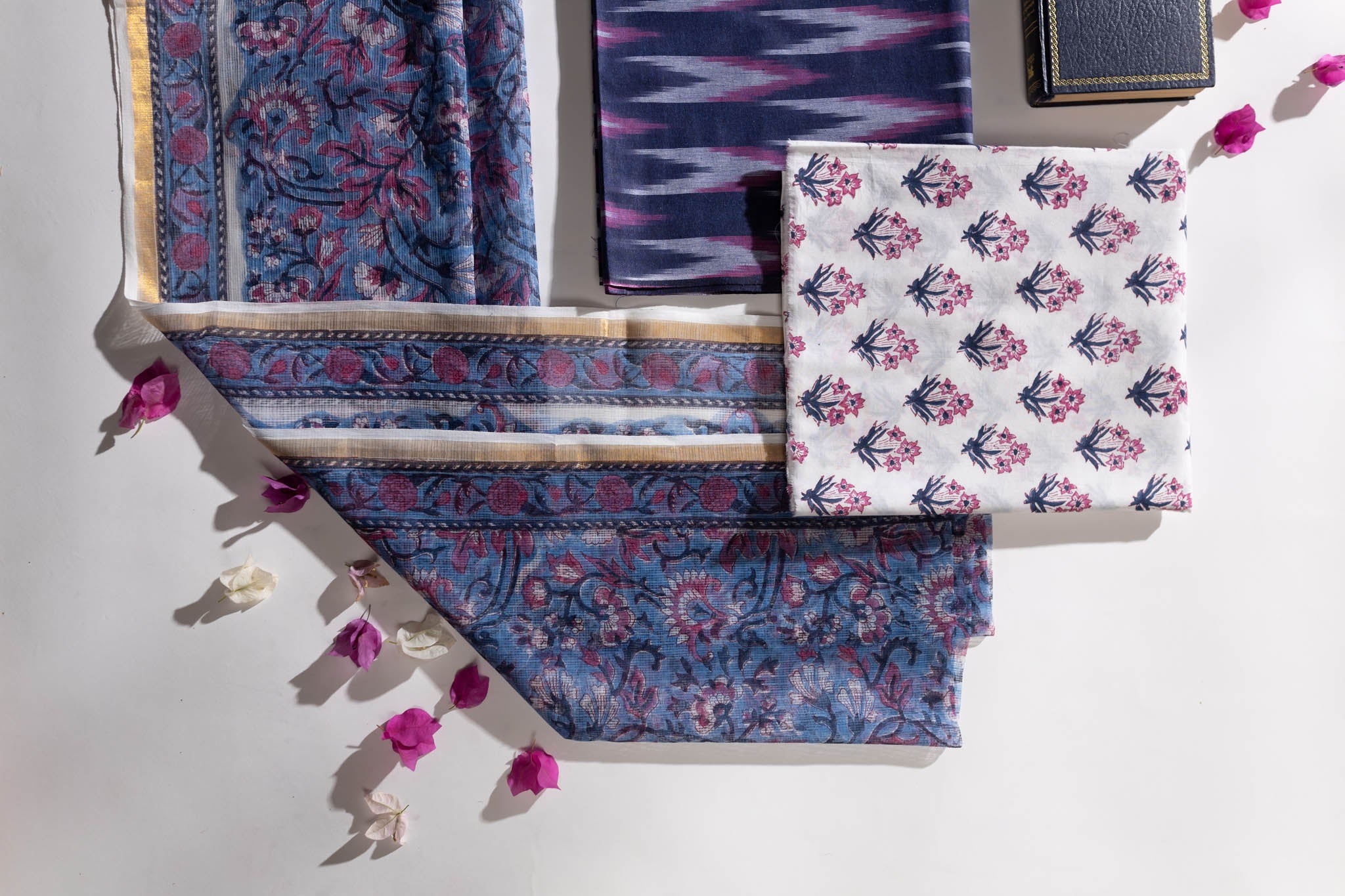 Pure Cotton Ikat Weaved Hand Block Printed 3 PC Suit with Kota Doria Dupatta - Indigo Blue - Vastra Raag