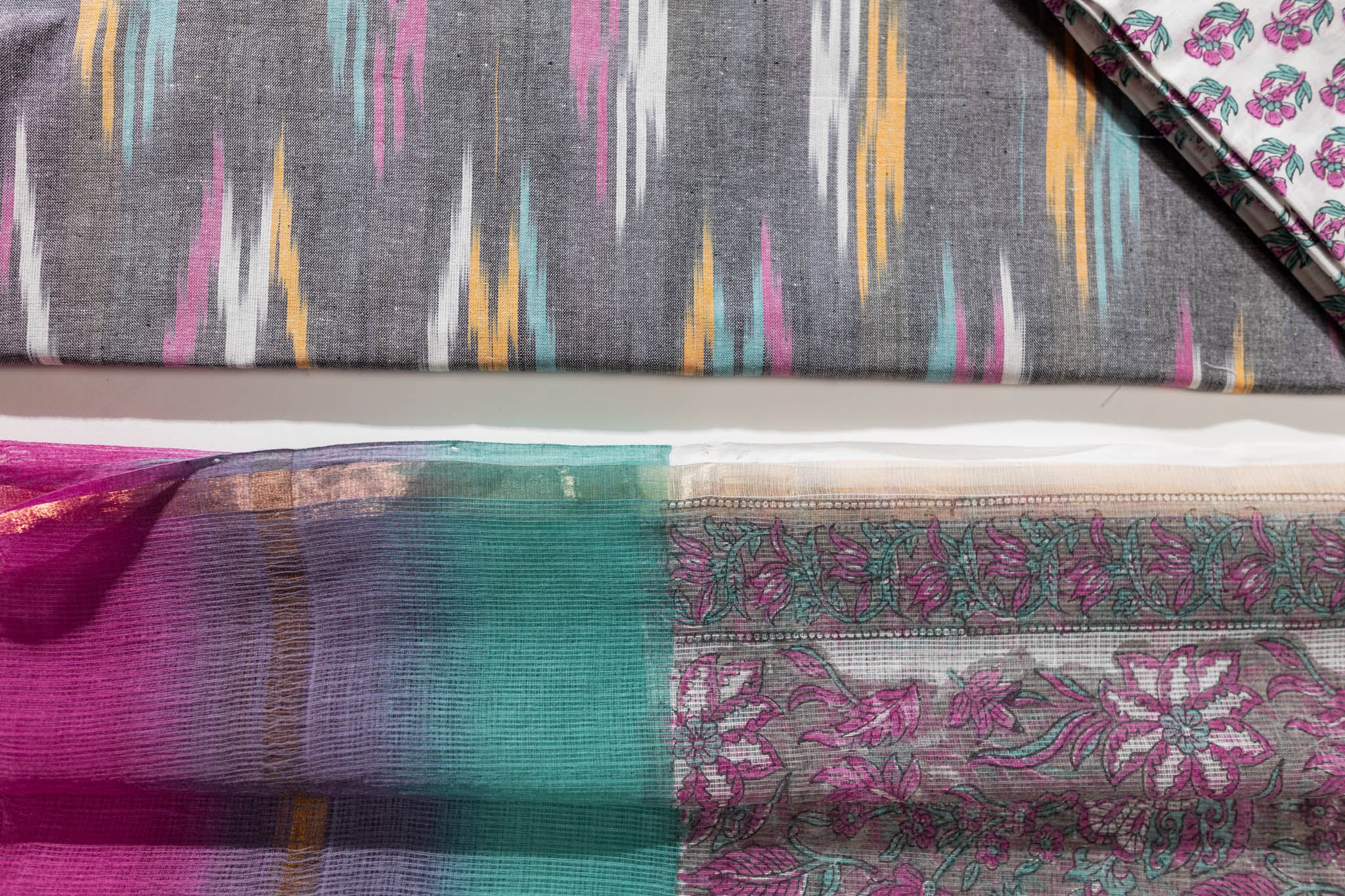 Pure Cotton Ikat Weaved Hand Block Printed 3 PC Suit with Kota Doria Dupatta - Grey - Vastra Raag