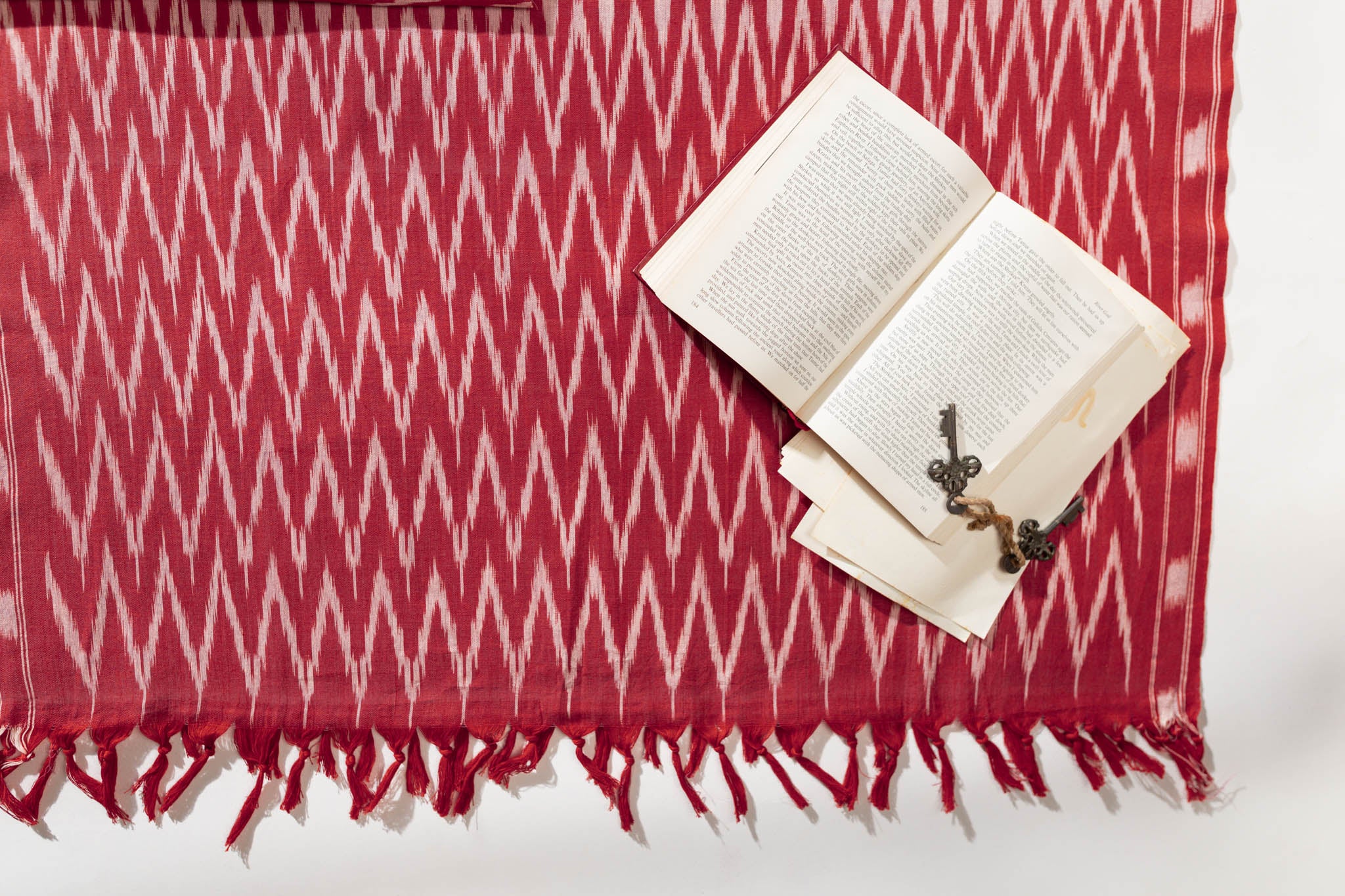 Pure Cotton Ikat Weaved 3 Piece Suit Piece - Red/Ivory - Vastra Raag