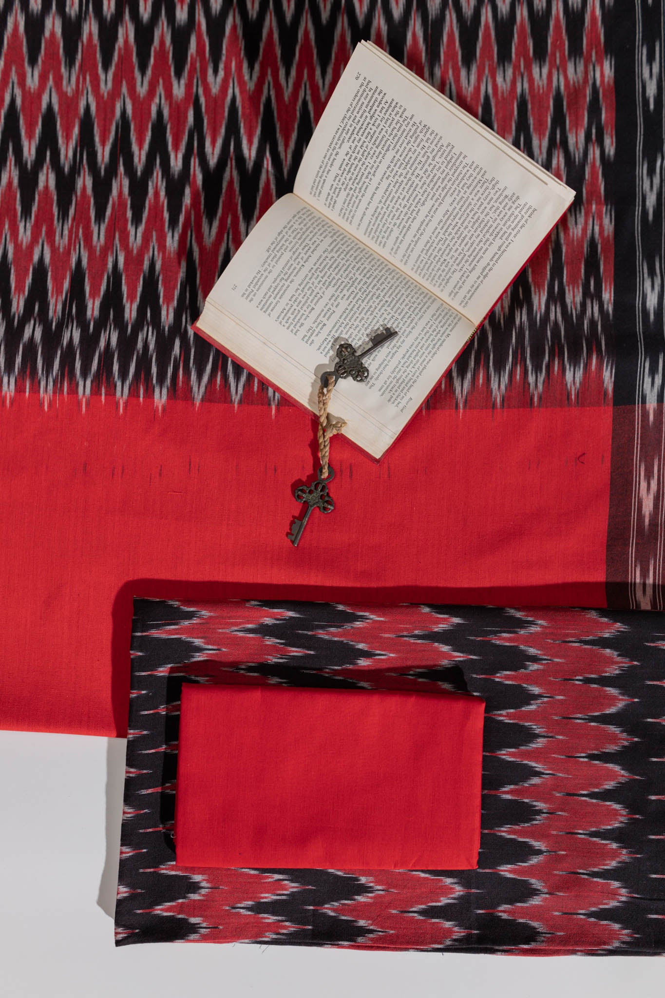 Pure Cotton Ikat Weaved 3 Piece Suit Piece - Black/Red - Vastra Raag