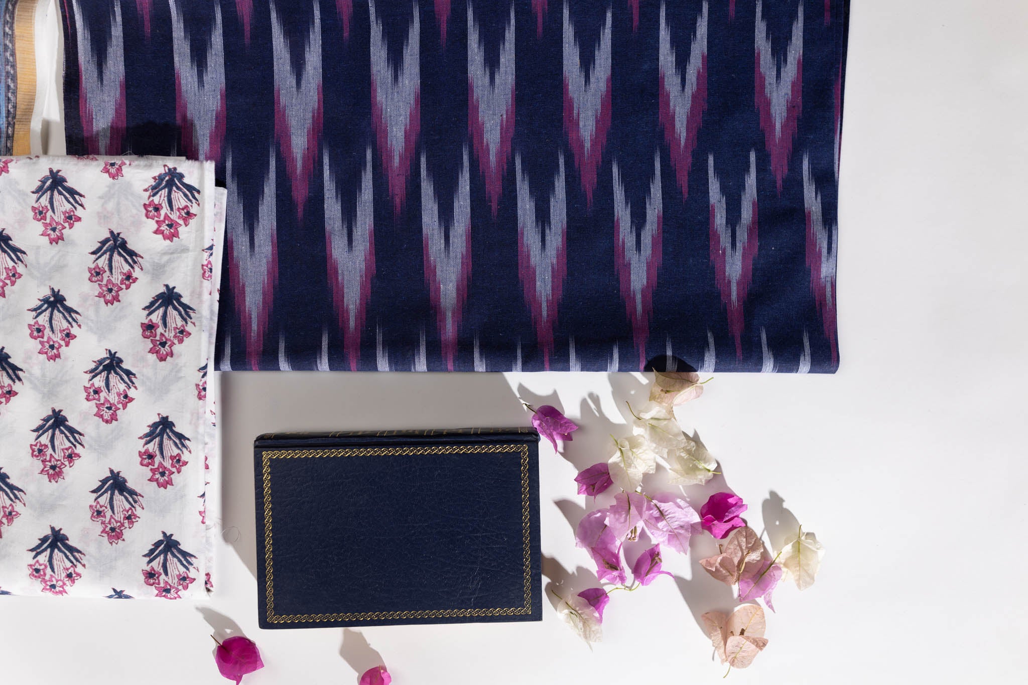Pure Cotton Ikat Weaved Hand Block Printed 3 PC Suit with Kota Doria Dupatta - Indigo Blue - Vastra Raag