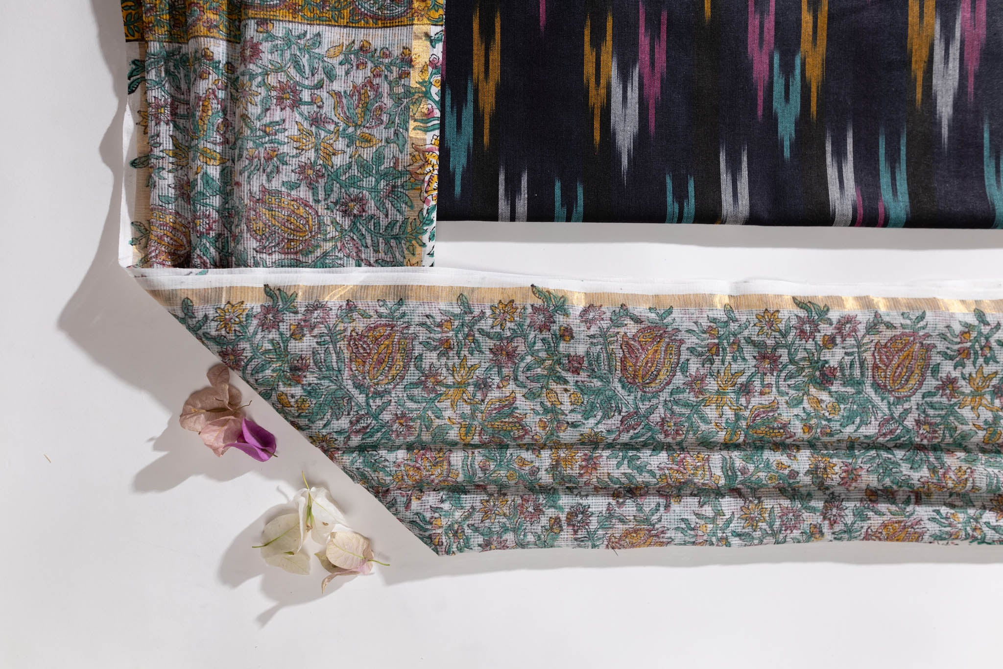 Pure Cotton Ikat Weaved Hand Block Printed 3 PC Suit with Kota Doria Dupatta - Black - Vastra Raag