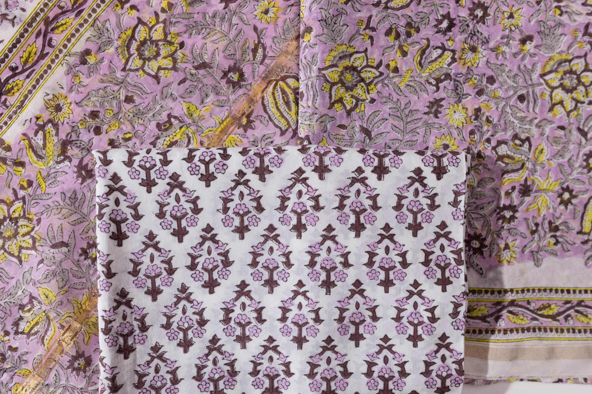 Pure Chanderi Silk Hand Block Printed 3 PC Suit - Pink/Yellow - Vastra Raag