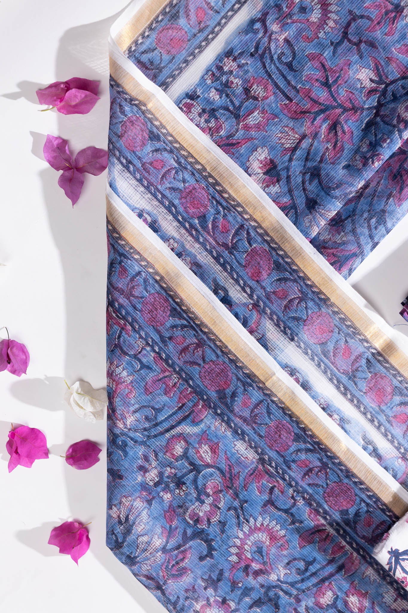 Pure Cotton Ikat Weaved Hand Block Printed 3 PC Suit with Kota Doria Dupatta - Indigo Blue - Vastra Raag