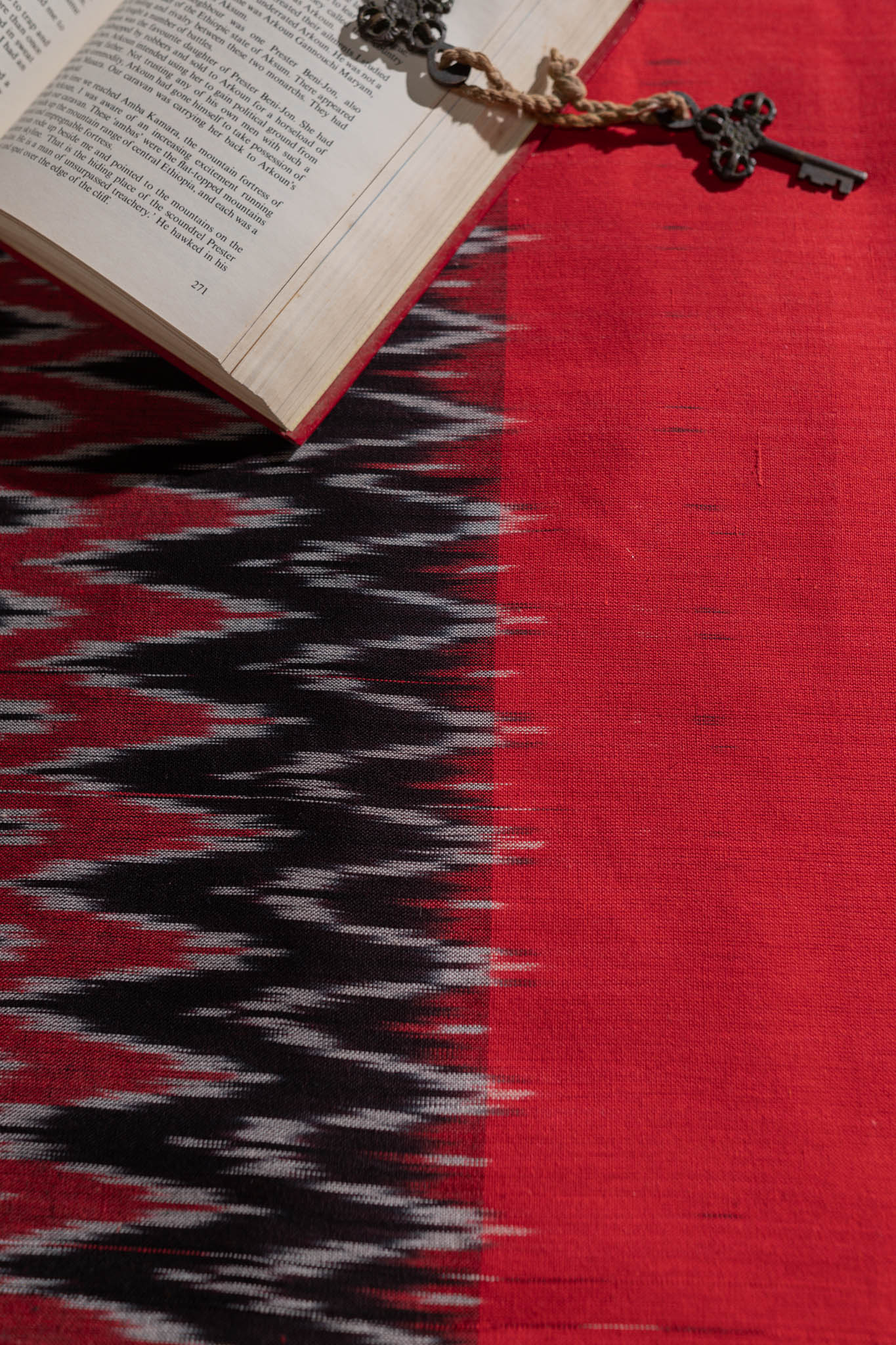 Pure Cotton Ikat Weaved 3 Piece Suit Piece - Black/Red - Vastra Raag