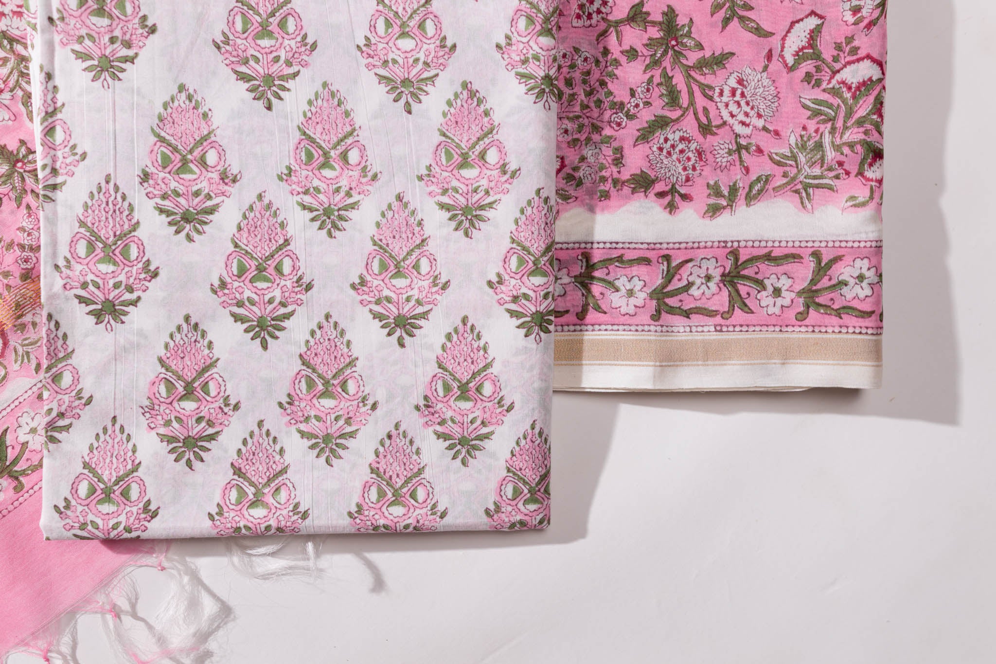 Pure Chanderi Silk Hand Block Printed 3 PC Suit - Pink/Green - Vastra Raag