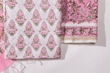 Pure Chanderi Silk Hand Block Printed 3 PC Suit - Pink/Green - Vastra Raag