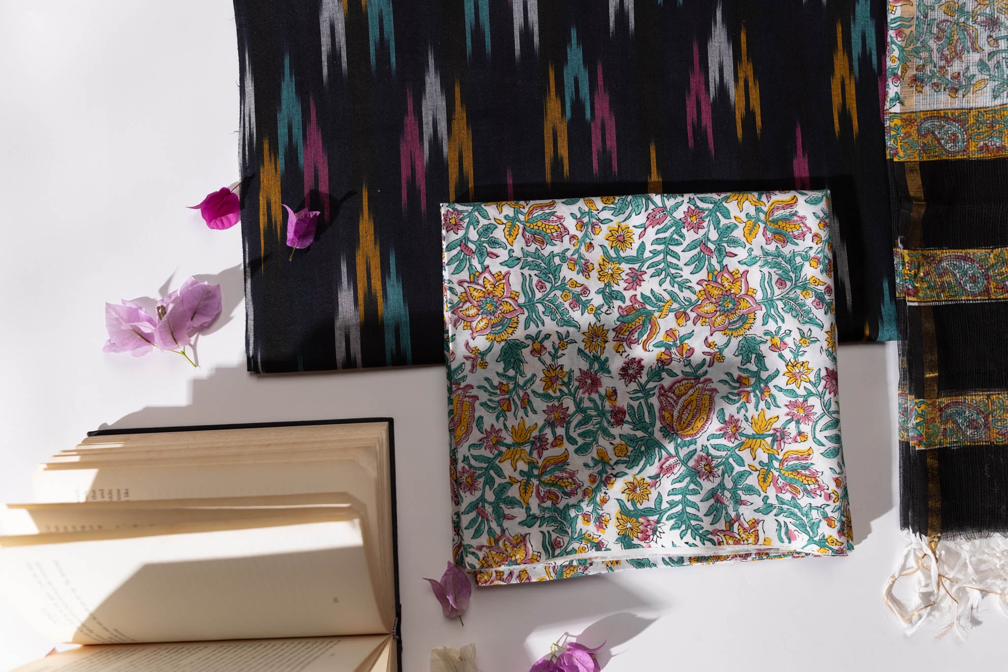 Pure Cotton Ikat Weaved Hand Block Printed 3 PC Suit with Kota Doria Dupatta - Black - Vastra Raag