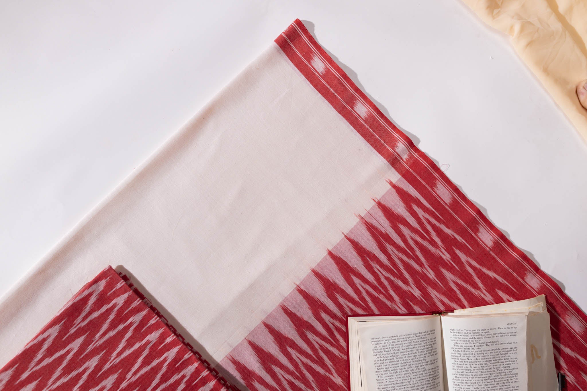 Pure Cotton Ikat Weaved 3 Piece Suit Piece - Red/Ivory - Vastra Raag