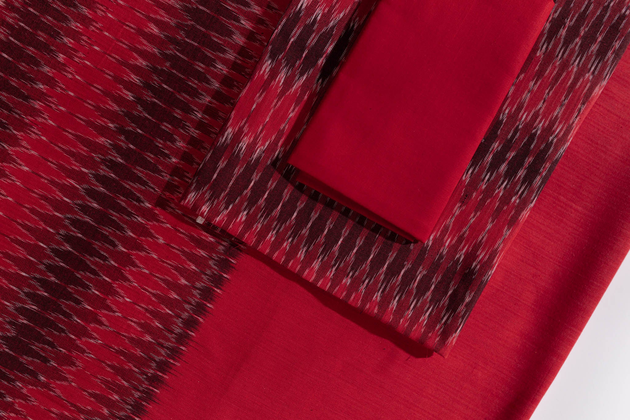 Pure Cotton Ikat Weaved 3 Piece Suit Piece - Red/Black - Vastra Raag