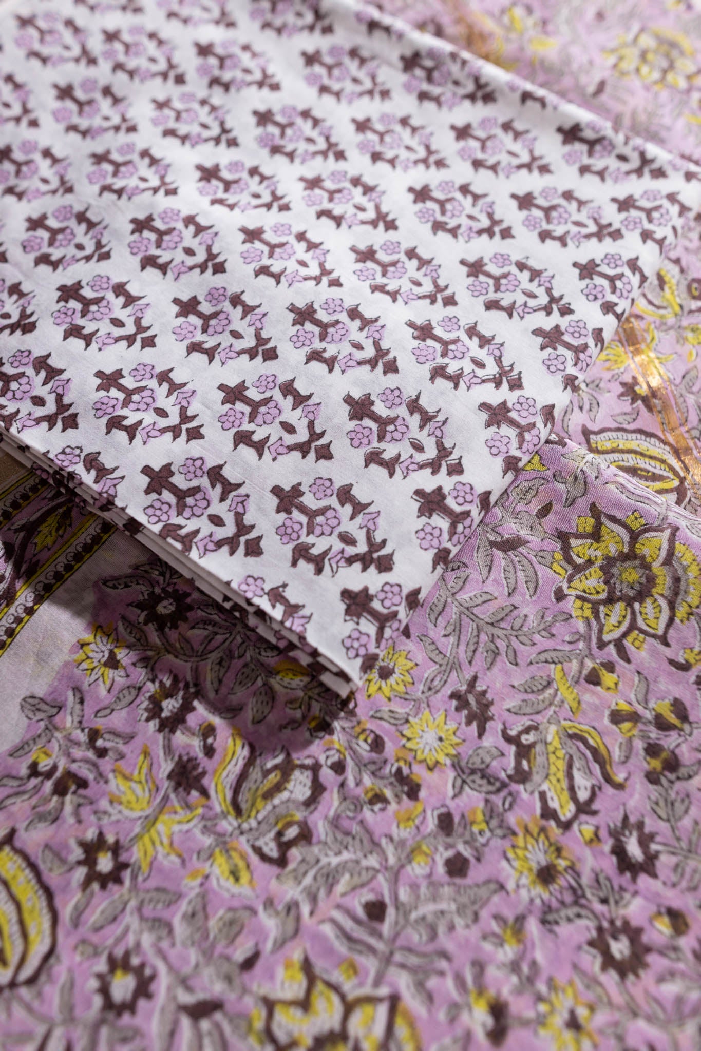 Pure Chanderi Silk Hand Block Printed 3 PC Suit - Pink/Yellow - Vastra Raag