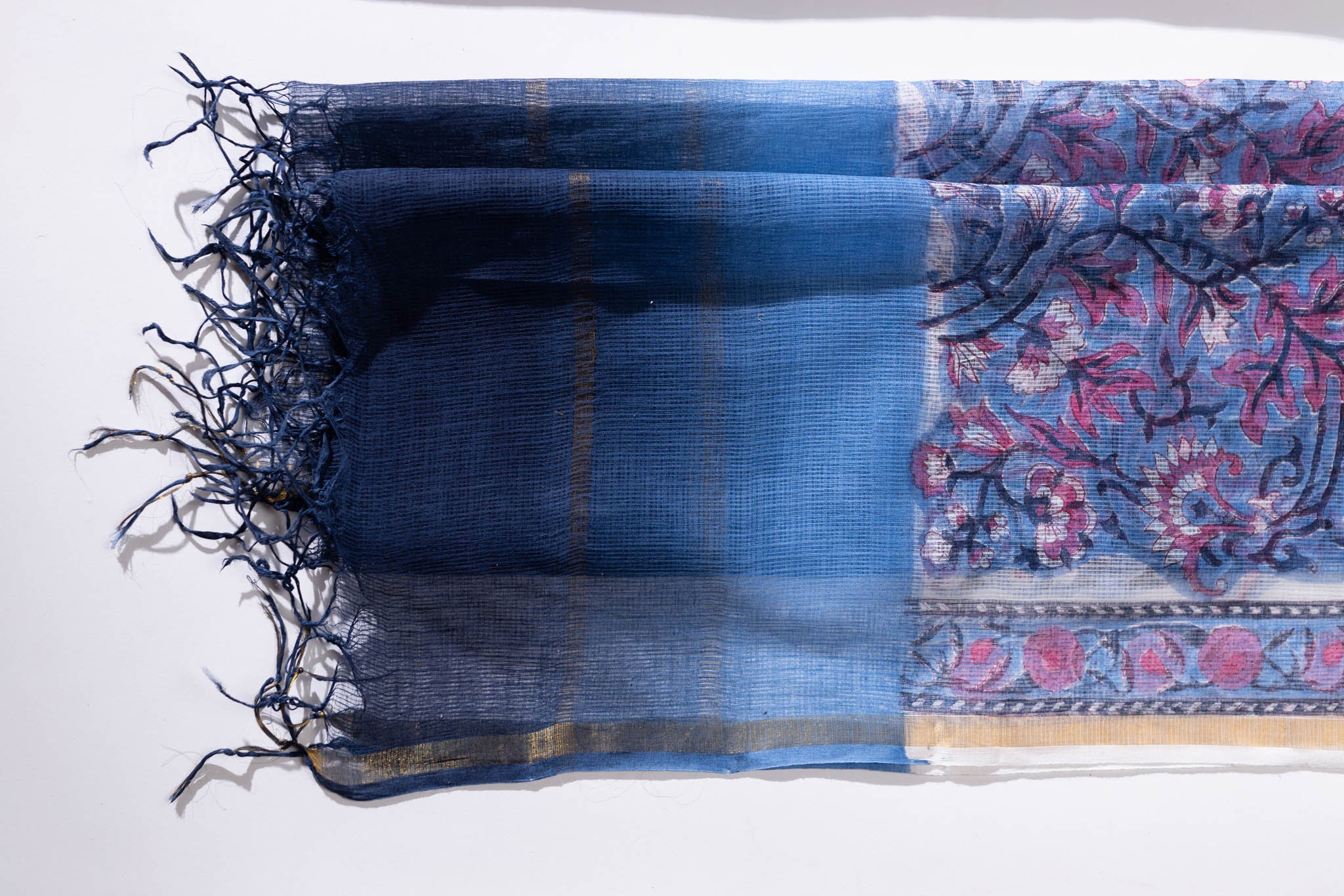 Pure Cotton Ikat Weaved Hand Block Printed 3 PC Suit with Kota Doria Dupatta - Indigo Blue - Vastra Raag