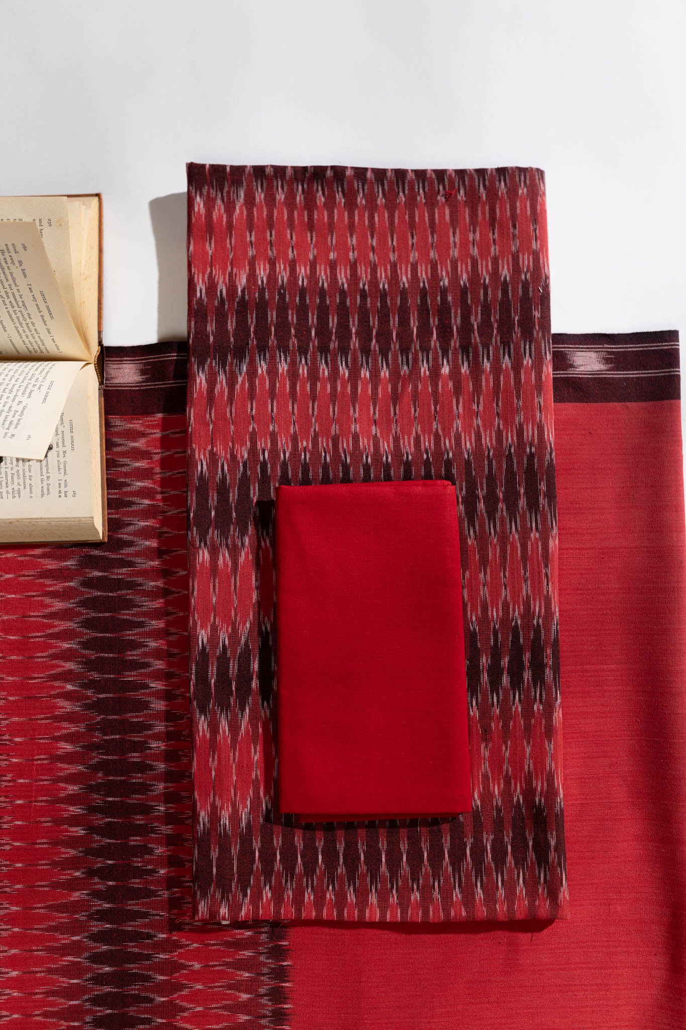 Pure Cotton Ikat Weaved 3 Piece Suit Piece - Red/Black - Vastra Raag