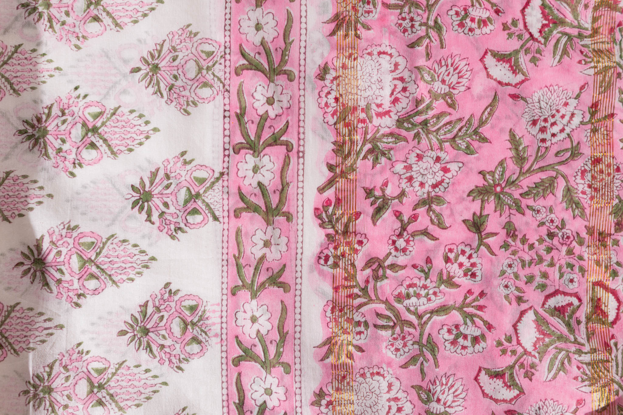 Pure Chanderi Silk Hand Block Printed 3 PC Suit - Pink/Green - Vastra Raag