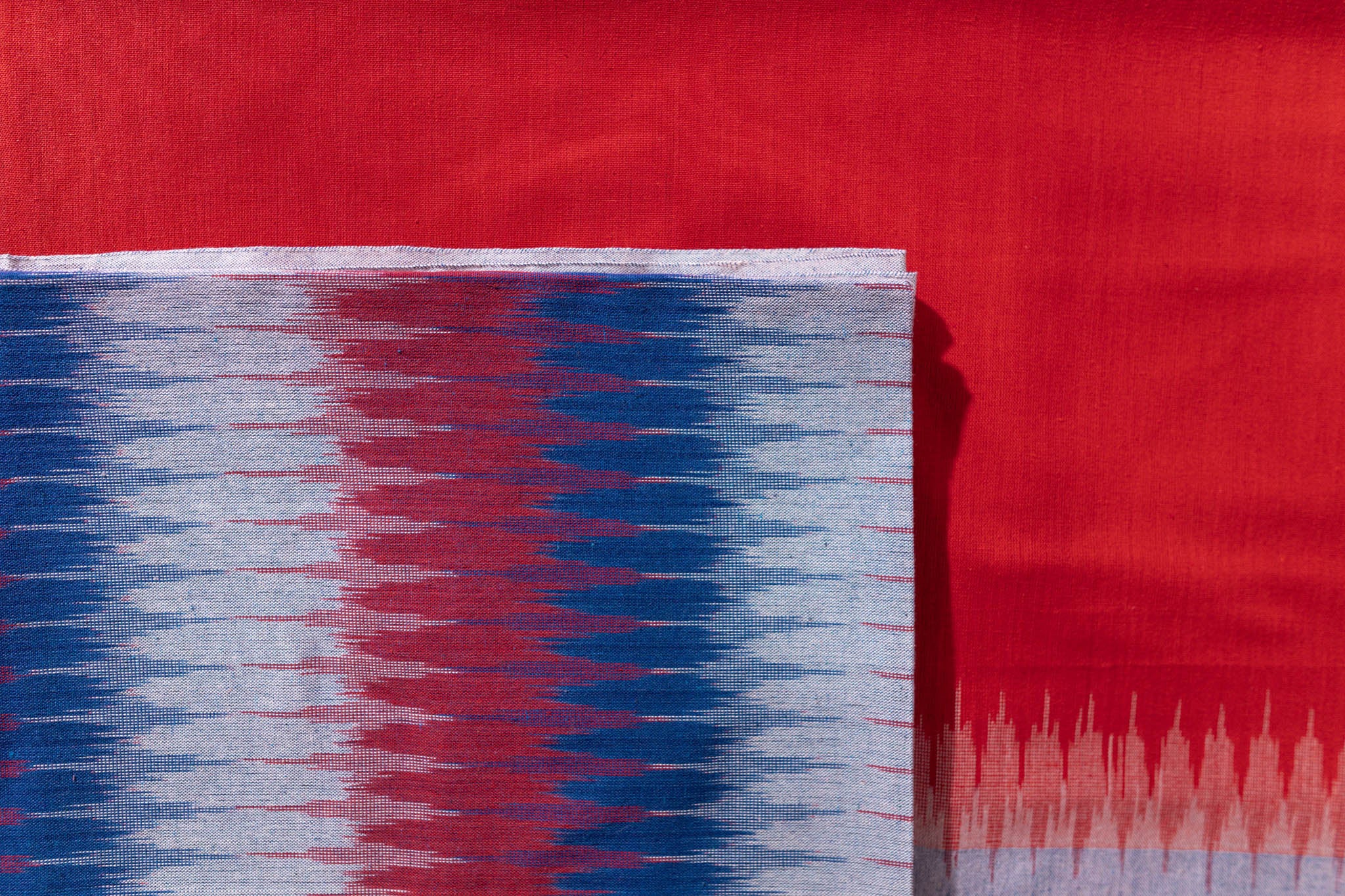 Pure Cotton Ikat Weaved 3 Piece Suit Piece - Blue/Red - Vastra Raag