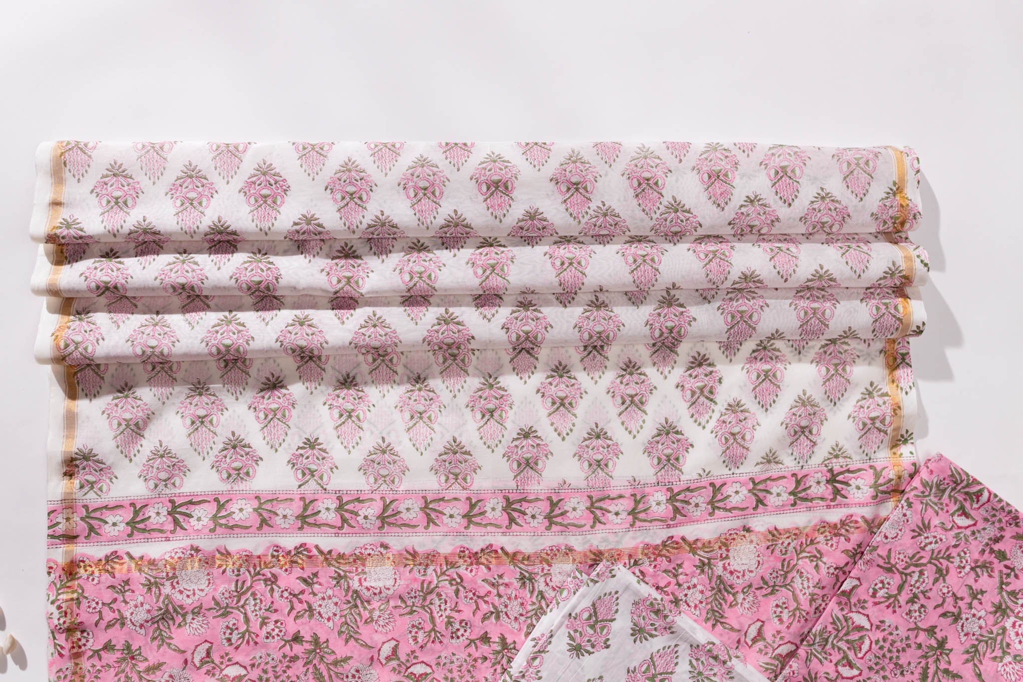 Pure Chanderi Silk Hand Block Printed 3 PC Suit - Pink/Green - Vastra Raag