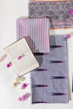 Pure Cotton Ikat Weaved Hand Block Printed 3 PC Suit with Kota Doria Dupatta - Wisteria