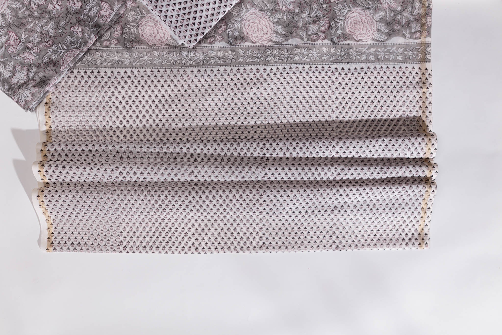 Pure Chanderi Silk Hand Block Printed 3 PC Suit - Grey - Vastra Raag