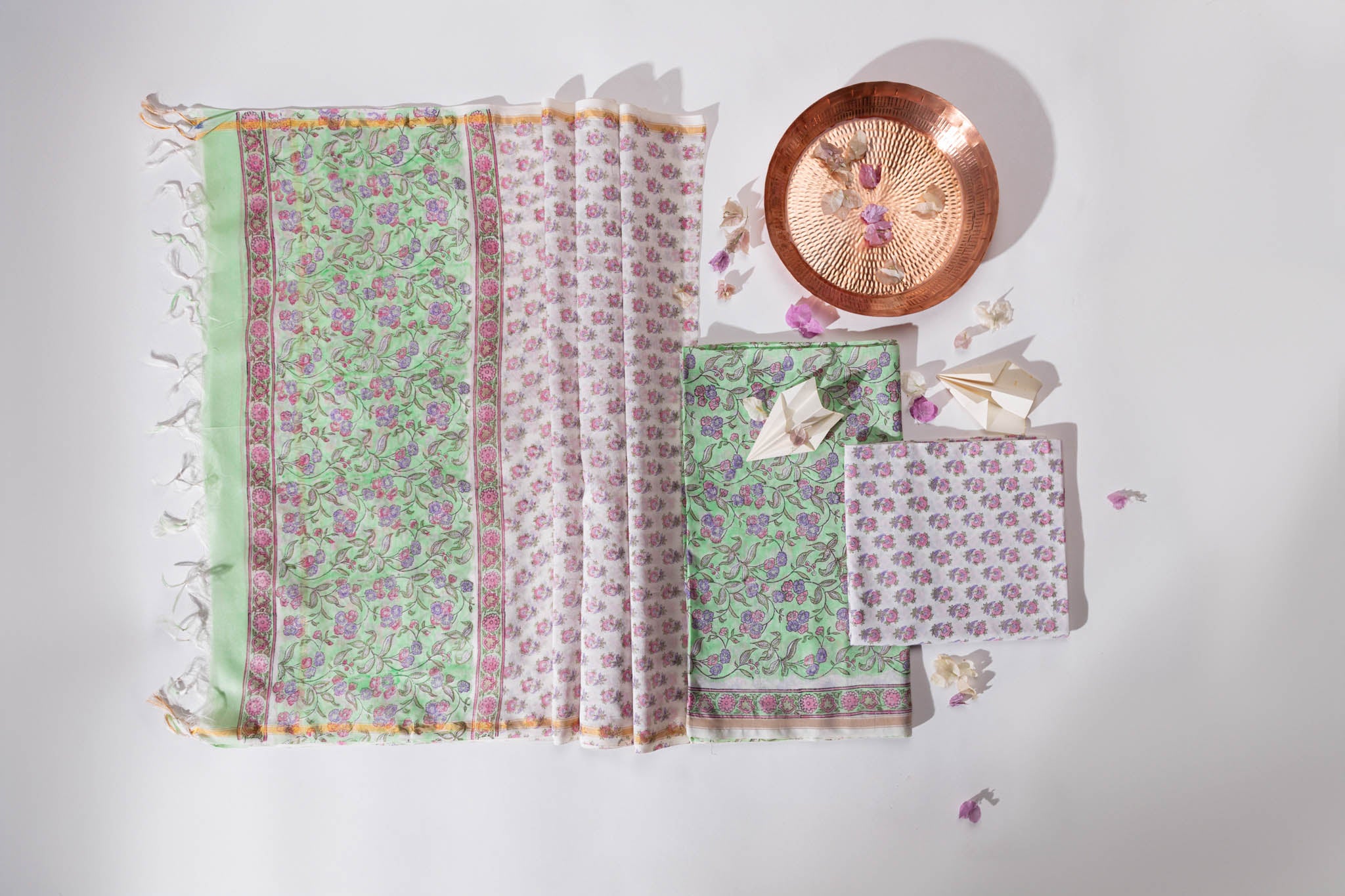 Pure Chanderi Silk Hand Block Printed 3 PC Suit - Green/Pink - Vastra Raag