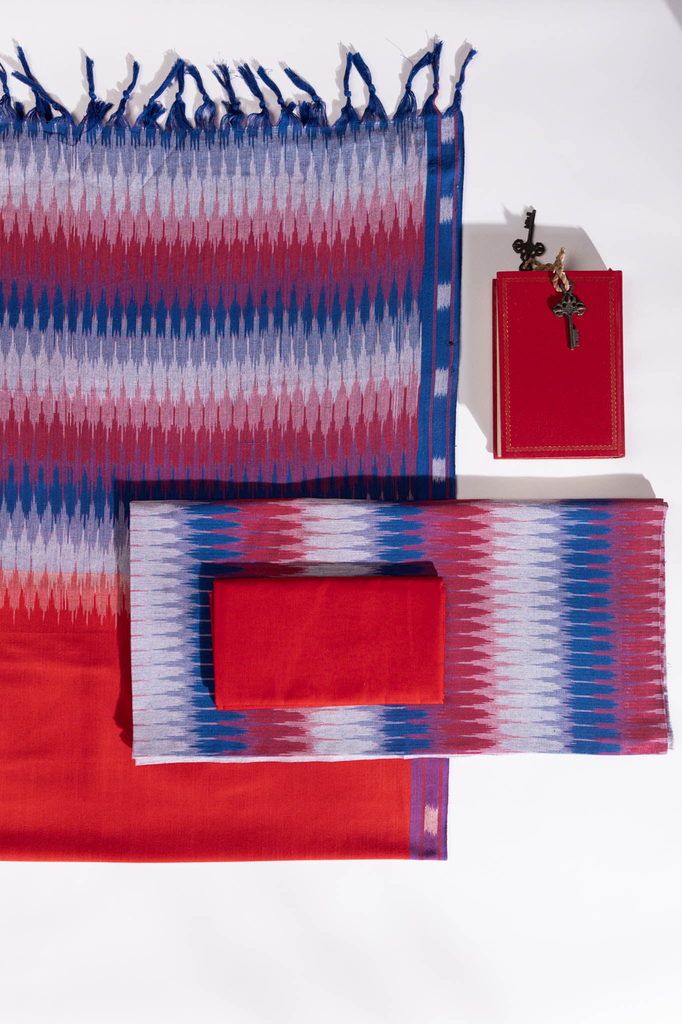 Pure Cotton Ikat Weaved 3 Piece Suit Piece - Blue/Red - Vastra Raag