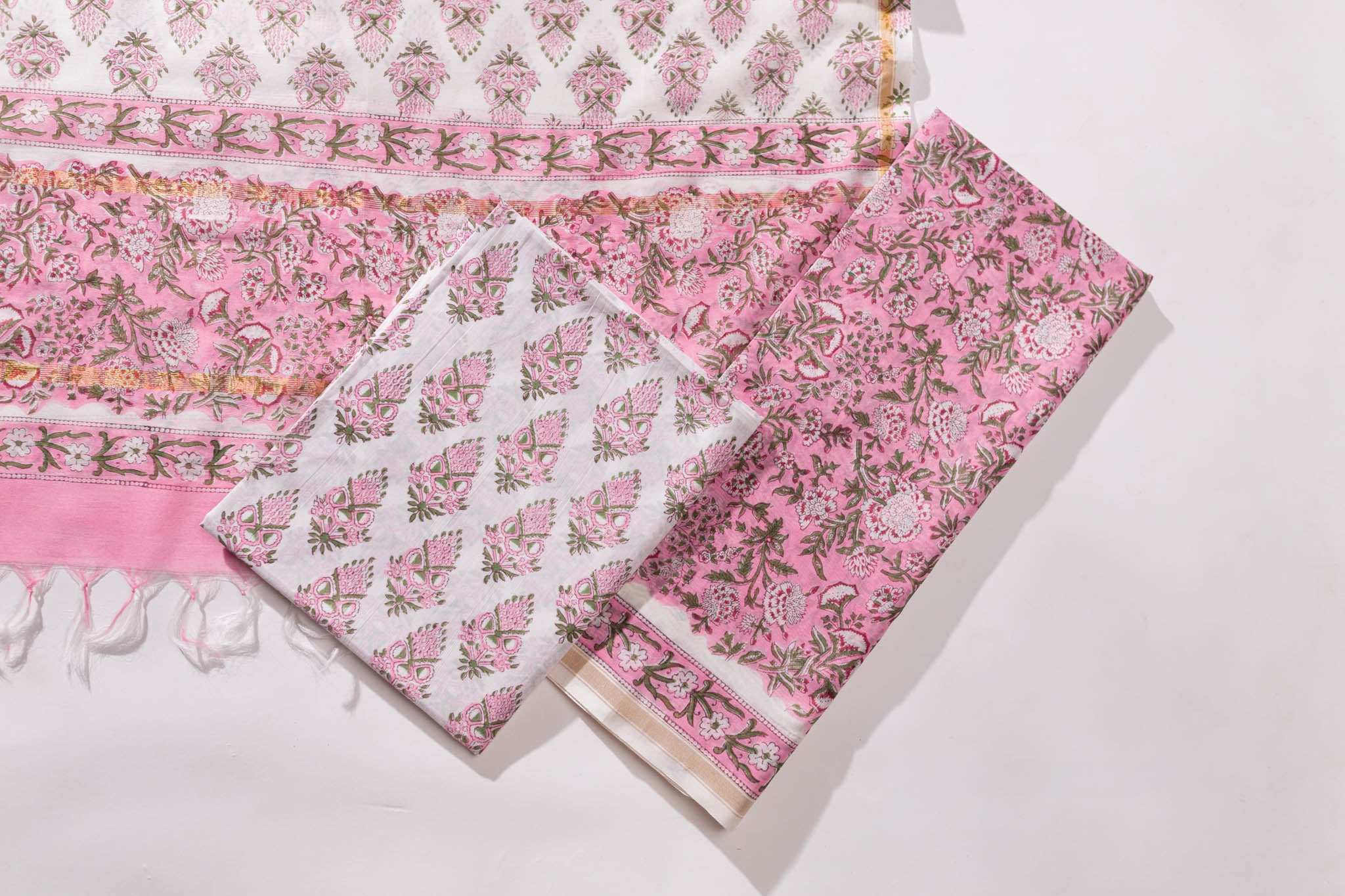 Pure Chanderi Silk Hand Block Printed 3 PC Suit - Pink/Green - Vastra Raag