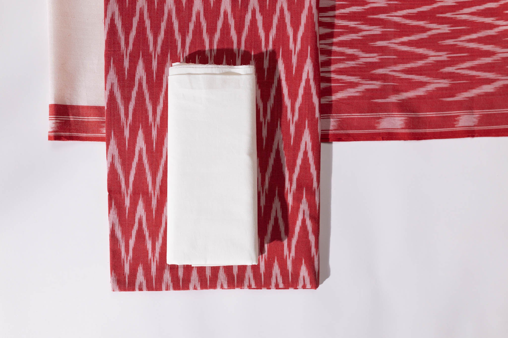 Pure Cotton Ikat Weaved 3 Piece Suit Piece - Red/Ivory - Vastra Raag