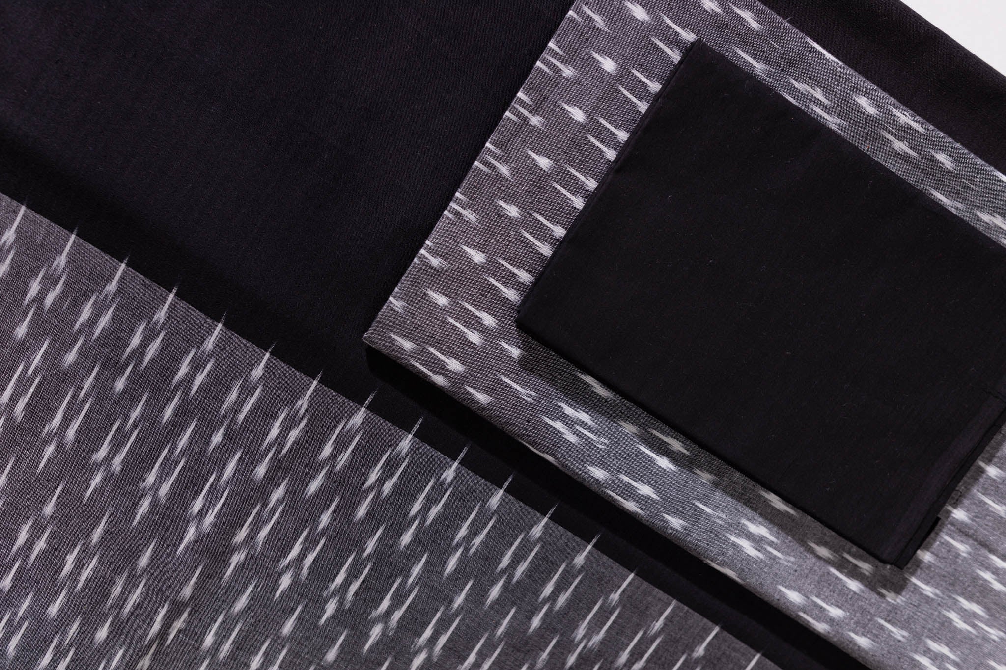 Pure Cotton Ikat Weaved 3 Piece Suit Piece - Grey/Black - Vastra Raag