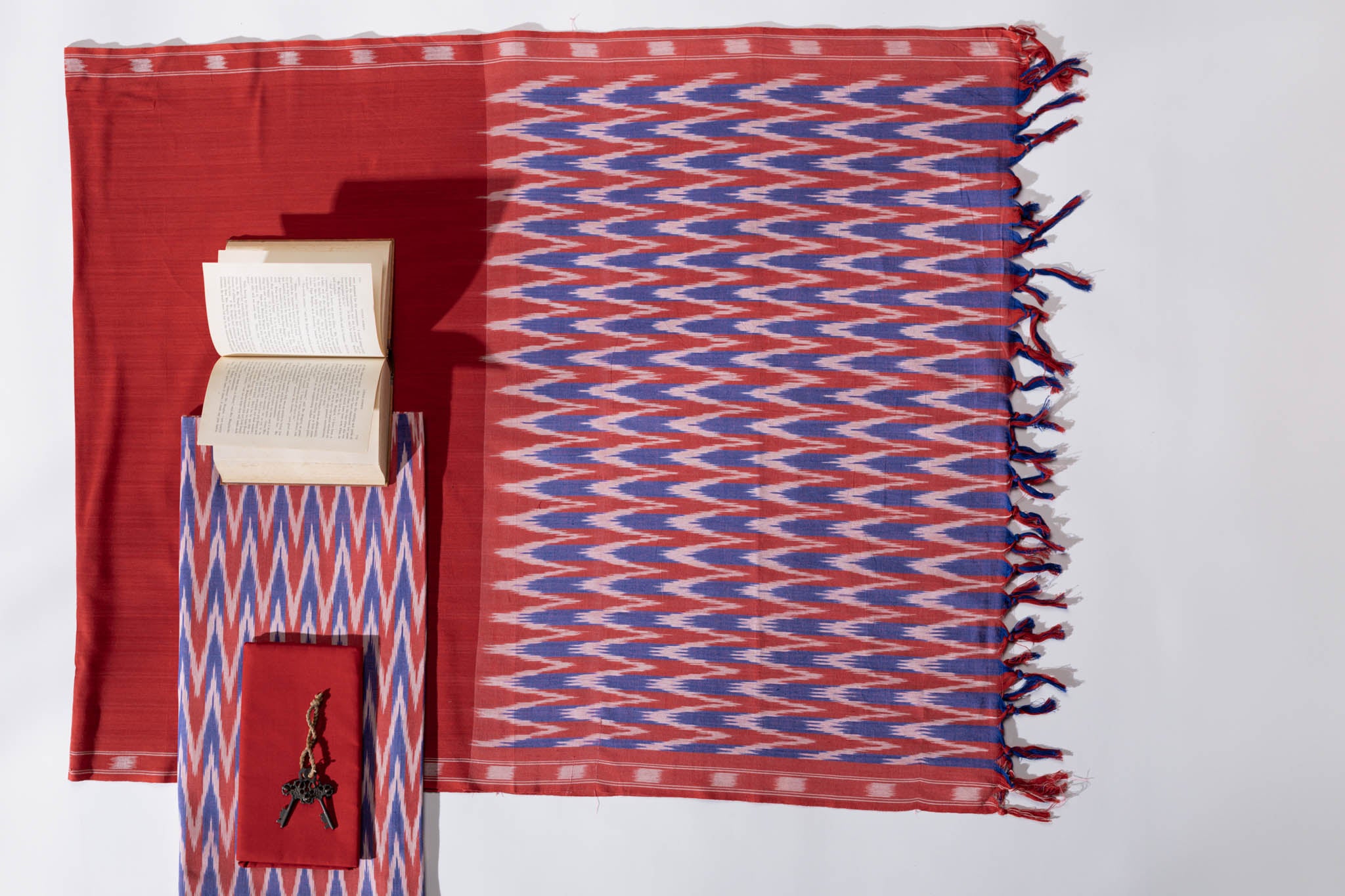 Pure Cotton Ikat Weaved 3 Piece Suit Piece - Blue/Red - Vastra Raag