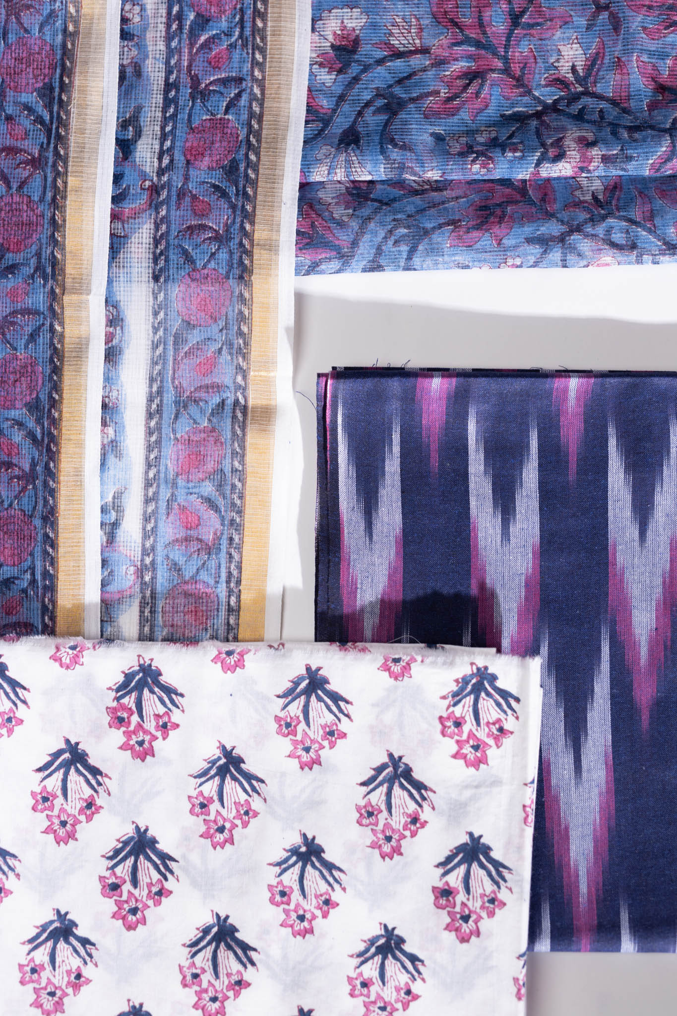 Pure Cotton Ikat Weaved Hand Block Printed 3 PC Suit with Kota Doria Dupatta - Indigo Blue - Vastra Raag