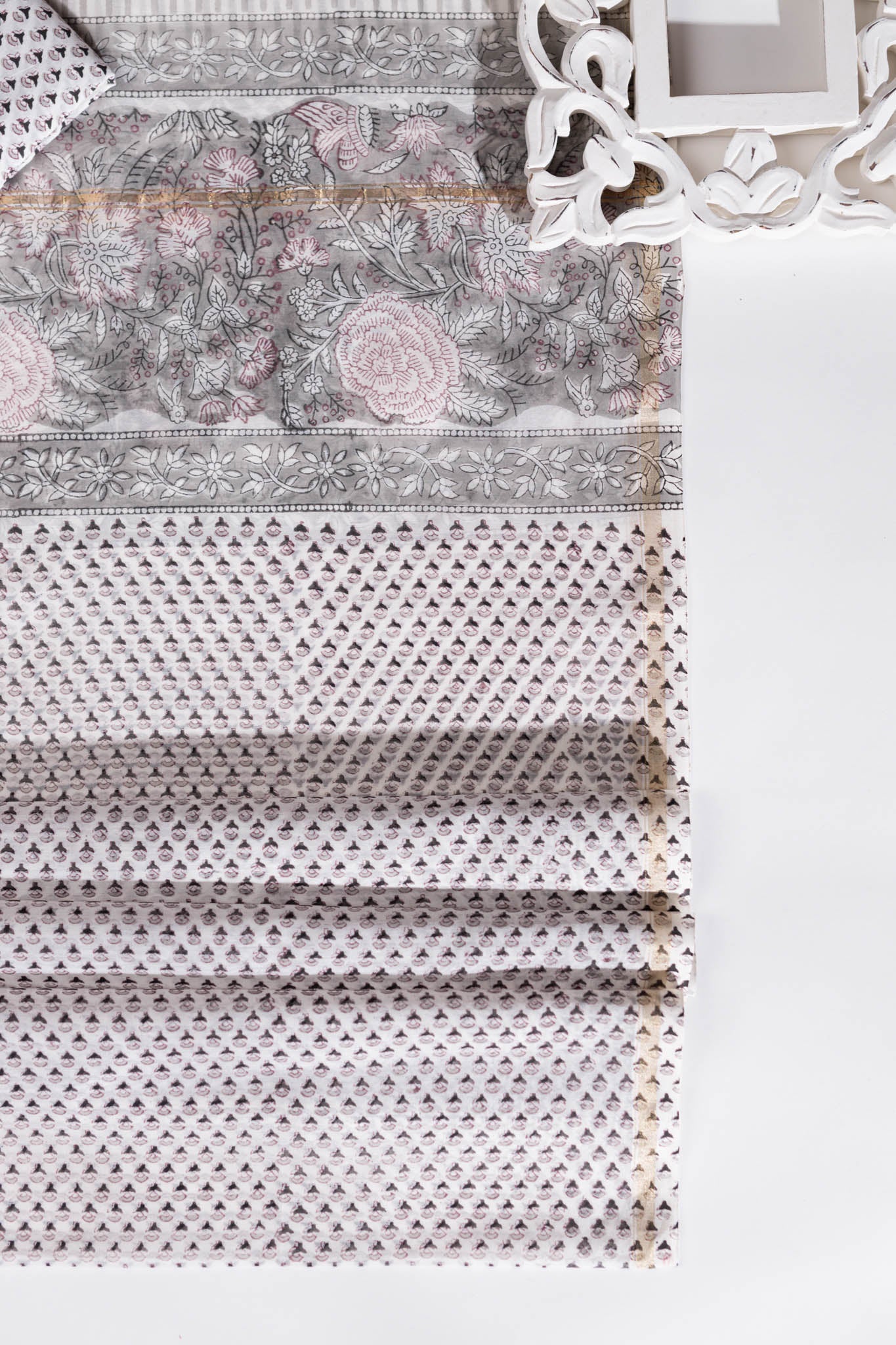 Pure Chanderi Silk Hand Block Printed 3 PC Suit - Grey - Vastra Raag