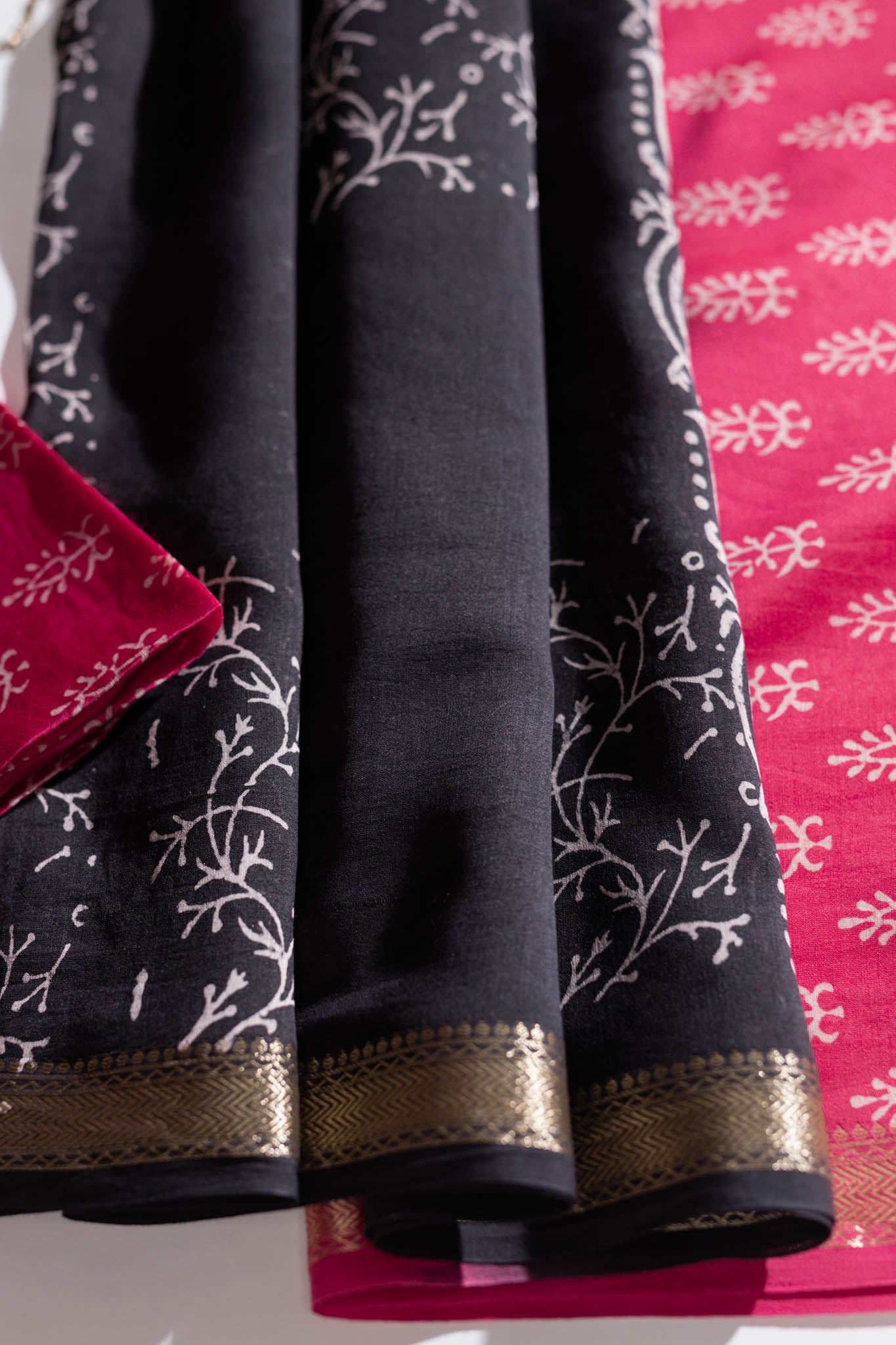 Maheshwari Silk 3 PC Suit Piece - Pink/Black - Vastra Raag