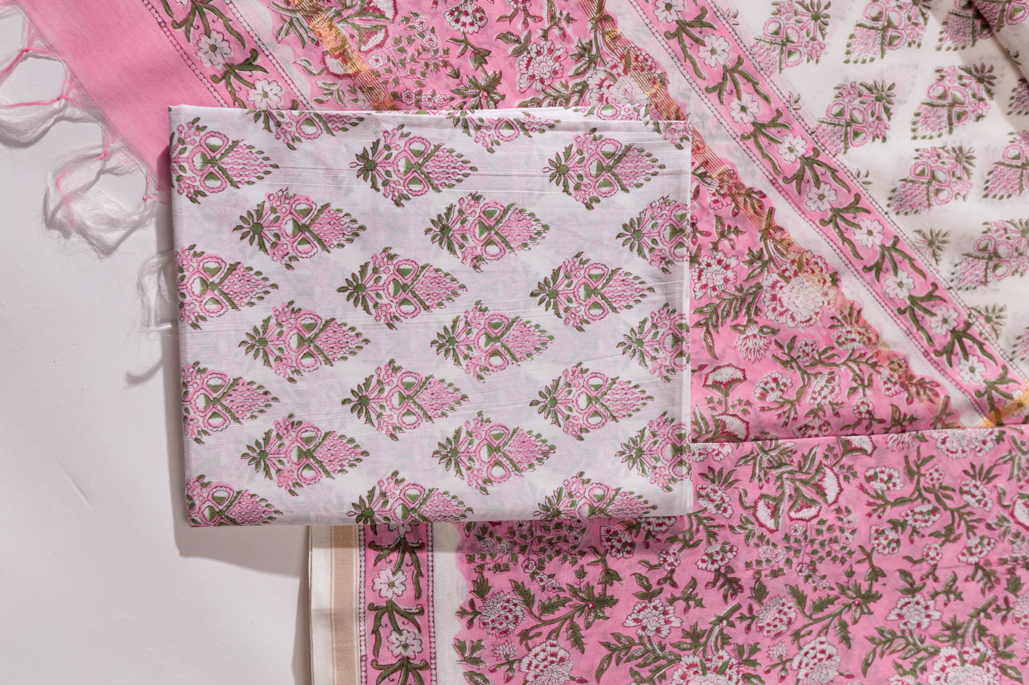 Pure Chanderi Silk Hand Block Printed 3 PC Suit - Pink/Green - Vastra Raag