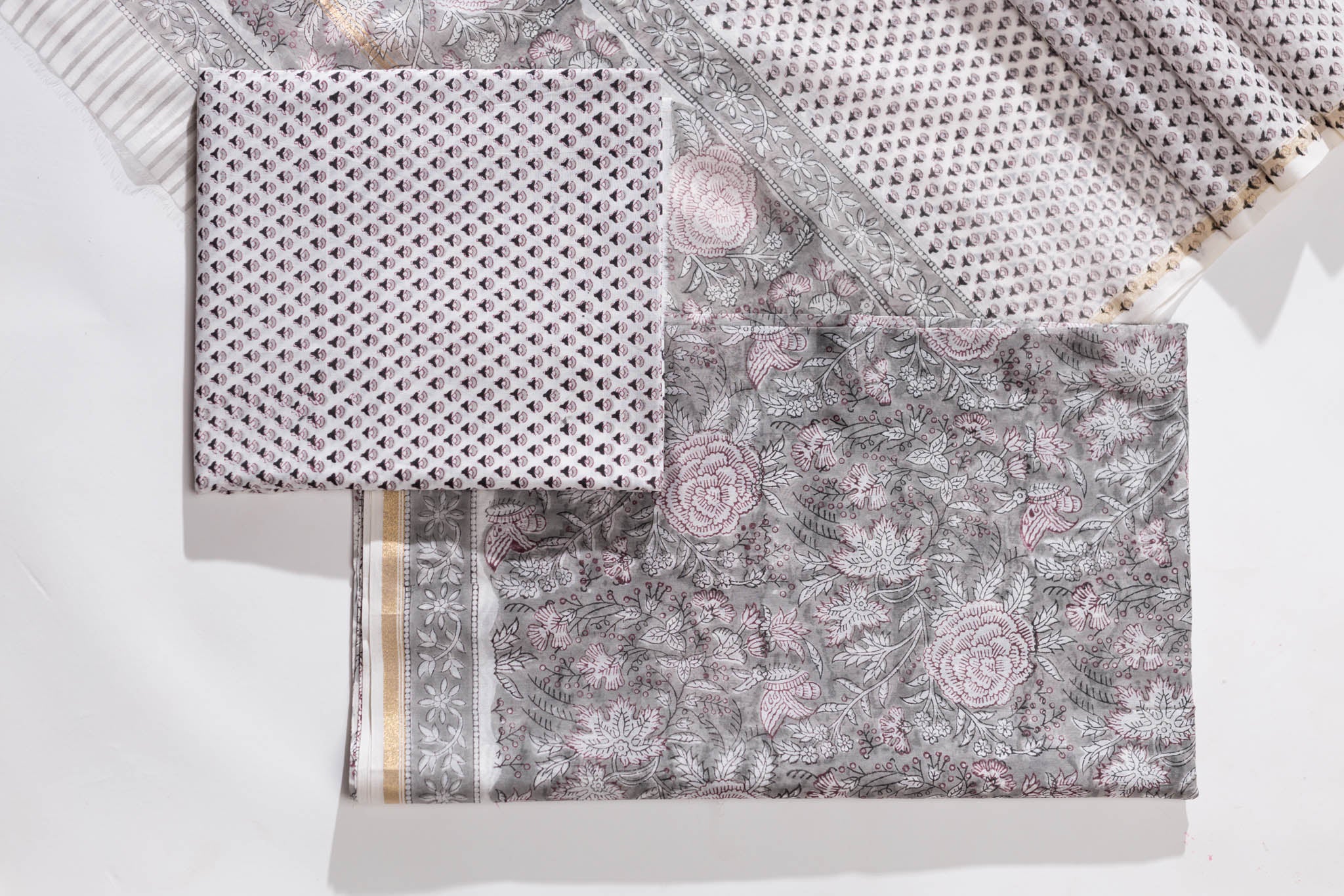 Pure Chanderi Silk Hand Block Printed 3 PC Suit - Grey - Vastra Raag