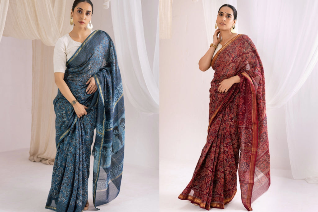 Side-by-side comparison of Chanderi and Maheshwari sarees