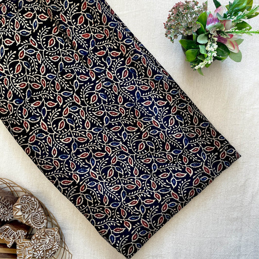 Modal Satin Silk Natural Dye Ajrakh Hand Block Printed Fabric - Black - Red/Blue Leaves (Veli)