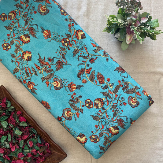 Khadi Cotton Printed Fabric - Kalamkari Print - Turquoise