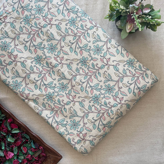 Khadi Cotton Printed Fabric - Leaves (Veli) - Cream