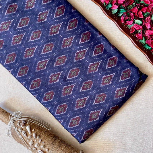 Cotton Silk Printed Fabric - Navy Blue - Ikat