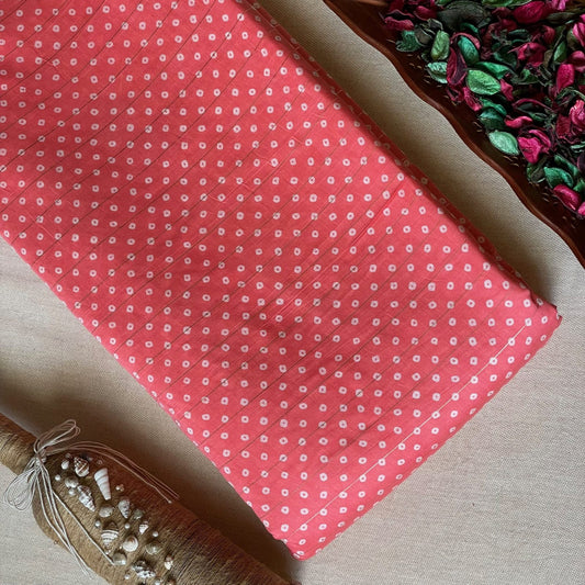 Pure Muslin Printed Fabric with Lurex Line - Pink/White - Dots - Bandhej/Bandhani