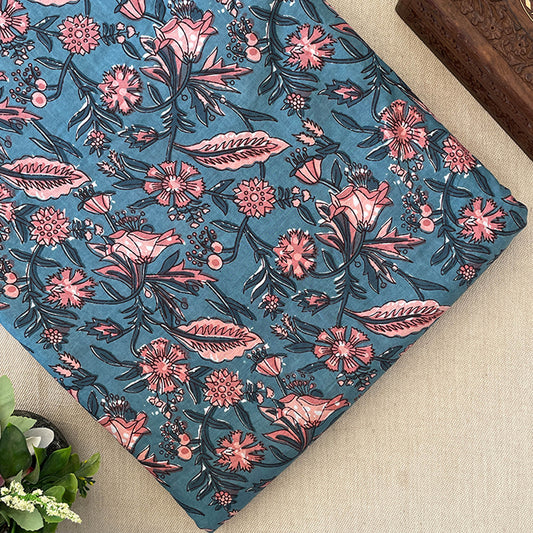 Pure Cotton Printed Fabric - Grey/Pink Foral Veli Sanganeri