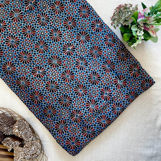 Modal Satin Silk Natural Dye Ajrakh Hand Block Printed Fabric - Indigo/Red - Floral Geometrical