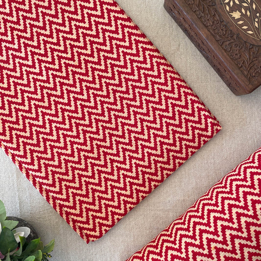 Pure Cotton Printed Fabric - Red/Cream Zig Zag